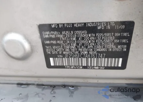 2010 Subaru Forester 2.5Xt Limited из США, поврежденный, VIN JF2SH6FC7AH761747